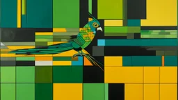 Lienzo de abstracción total con una retícula modular de bloques rectangulares en colores planos saturados de verde, ocre y negro, con un pájaro de plumas multicolores asomándose por una grieta en un bloque verde, estilo minimalista asimétrico