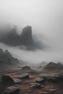 A rocky wasteland surrounded by fog