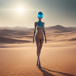 Amidst the desolate landscape, a female alien emerged from the shimmering heat haze. Her form was unlike anything seen on Earth, yet strangely captivating. Multiple eyes, each a different hue, scanned the horizon with the precision of advanced sensors. As she moved across the barren terrain, her movements were fluid and graceful, Each limb moved with purpose, adjusting her trajectory across the sandy expanse. Occasionally, she would pause, Her communication came not in words, but in pulses of li