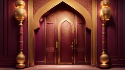 Hyper Realistic Photographic-View Of A Fancy Door Of A Maroon-Mosque-Door-with-beautifully-detailed-glowing-golden-Islamic-Architctural-design with-fancy-lamps-on-walls showing dramatic & cinematic ambiance.