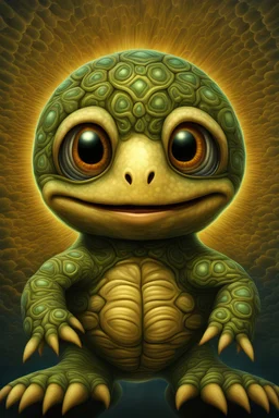 Cute tiny happy monster flying turtle, symmetrical face, fractal, fantasy folklore very detailed high quality intricately detailed painting photorealism 8K resolution beautiful complex mysterious sunshine rays tetradic colors naoto hattori