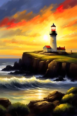 oil painting of lighthouse on cliffs at sunset with impasto texture