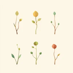 concept art of six low poly stylized alien dry single leaf plant on a neutral background. Strange fictional extraterrestrial flora with unusual shapes