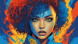 Alicia Keys stylized surreal horror manga digital painting, triadic colors: royal blue, cyan, ultramarine, bright orange, yellow, russian red. A surreal retro horror manhwa girl, in the style of junj, in pen and ink. Interacting naturally with the environment. Highly detailed. Hyper-realistic, comic book style, bold manga limes. Cool toned vibrancy. In the style and aesthetics of rlon wang, tomer hanuka, andreas lie, satoshi kon, meg chikhani, android jones, victo ngai, jeff soto