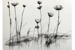 Minimalist ink pencil and charcoal drawing of poppies