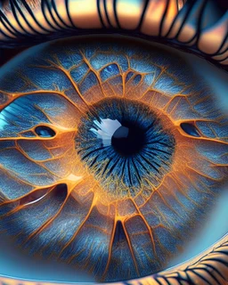 A close-up of a human eye, revealing the intricate, fibrous patterns of the iris and the light reflecting off the cornea.
