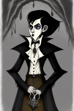 black haired young man necromancer wizard with gothic jewelry in the style of charles addams