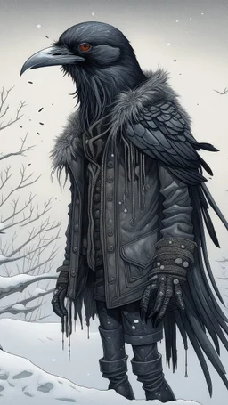 An illustration by Jakuchu and Monet of a human-like raven adorned in a punk leather jacket within a snowy atmosphere.