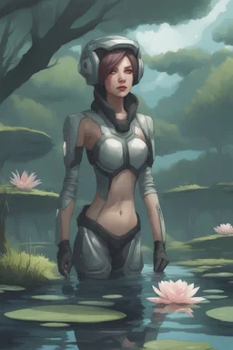 [future] A woman in scifi outfit a pond