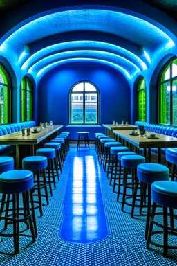 A restaurant whose outer walls are oval in shape, the color of the inside is blue, and its floor is light, with a bar table in the middle of the restaurant in the shape of an oval, containing 30 chairs without windows.