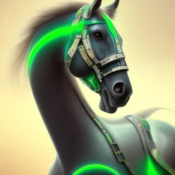 A beautiful portrait of a cyborg horse green color scheme, high key lighting, volumetric light high details psychedelic background