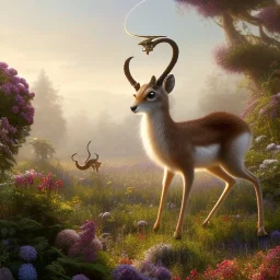 pixar style, volumetric summer garden environment and background, realistic painting of gazelle, looking excited, volumetric lighting, dramatic lighting, detailed digital painting, extreme dense and fine fur, anime, ornate, colour-washed colors, elegant, small minutiae, tiny features, particulars, centered, smooth, sharp focus, renderman gofur render, 8k, uhd, detailed eyes, realistic shaded volumetric lighting, sunlight caustics, backlight, centered camera view