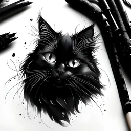 Charming ink drawings reimagine fluffy black cats as adorable balls of fur