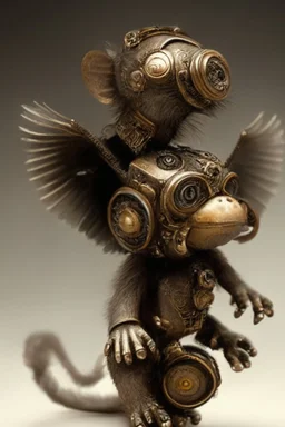 small cute steampunk mechanical monkey, made of metal with mechanical wings