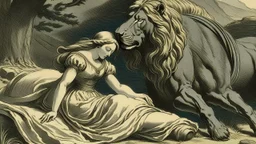 Invisible woman sleeping, horse and lion.