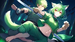 Girl, boy ,wolf muzzle, long green hair, green wolf ears,3 wolf tail, open navel, short blue shirt,animal tail, wolf paws hand, orange eyes, sword, animal fur on feet, night in forrest