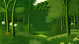 A spring green rainforest designed in ancient Greek and and Roman mosaics painted by Henri Rousseau