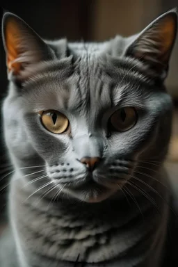 Kucing pemberani yang berwarna abu-abu dengan mata coklat yang tajam dan berwajah garang