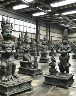 A dark warm gray ominous mega factory designed in Hawaiian tiki statues painted by Claude Monet