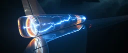 pinhole cam, airbrush 3d rendering,,A futuristic airplane seen from the side. A glowing transparent lightning tube is mounted horizontally across the rear of the aircraft, perpendicular to the fuselage, like a crosswise energy reactor. Blue-white lightning inside the tube. Cinematic, realistic, industrial sci-fi.