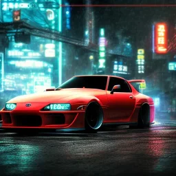 realistic fast and the furious toyota supra; in an alternate universe in tokyo; cyberpunk; realistic; rain; neon signs