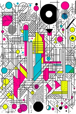 A vector line art image in the style of Kandinsky, with dozens of tiny abstract icons, using a single line weight. The color palette should heavily feature the colors cyan, magenta, yellow, and black, with a white background. The image should be low contrast with excessive white space.