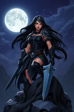 A BEAUTIFUL GIRL, BLACK LONG HAIRED, BIG BUB, NICE BODY, DRESSED A BLACK ARMOUR, WARRIOR AND AMAZON WOMAN, STAY ON TOP OF MPOUNTAIN, MOONSHINE AND FAIRY TURN AROUND HER, DARK NIGHT BACKGROUND, DISNEY STYLE GRAPHIC PICTURE