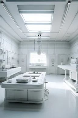 A pure white laboratory/operating room with a mix of medieval, scientific, and magical tech