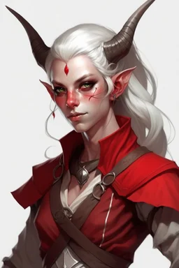 burnt red tiefling with white hair and white eyes rogue