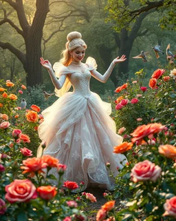 Beautiful Princess Cinderella Happy dancing in Wild garden, flower beds, fractal ornamentation, over detailed, gloriously full and confusing, nothing that really exists, everything made up, fantasy world, sweet briar, photography graphic art, song birds, ochre rose, rose buds, dewy morning, forest of oaks,