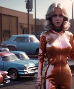 Ultra Realistic retro sci-fi movie Supermarket parking scene, 1960 year, waist up view portrait, 2 clones blonde women, sweet teenager Jane Fonda face, perfect iris, glow eyes, face makeup, tight latex coat, many people, Retro sci-fi style, soft color, highly detailed, unreal engine 5, ray tracing, RTX, lumen lighting, ultra detail, volumetric lighting, 3d, finely drawn, high definition, high resolution.