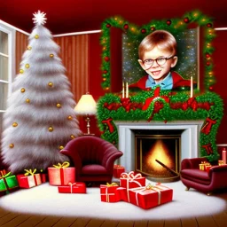 volumetric interior of old home with xmas tree is the background, painting of peter billingsley is a chubby kid with glasses, gripping a single Dark red soap bar, ((brown))argyle sweater,