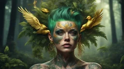 dark background, punk 45 years old, forest on the head, plant hair, green plants, bright colors, golden birds, golden makeup, tattoo, metal, shiny aura, very detailed, fine rendering, high detail, high resolution, 8K