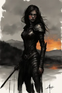 A formidable warrior girl in black armor, on the background Amazing gloomy landscape, flooded with sunset, mountains, trees, fabulous scary hero, , juicy emotions, painting, dark fantasy, gloomy day, dark world, portrait, A Quick Pencil Sketch Of A Portrait Of A 20 Years Old Woman; By Alex Maleev