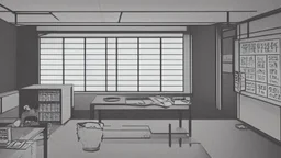 monochromatic japanese classroom with a shadowy figure looking out the window holding a transparent key emanating glow that colors the surroundings, anime