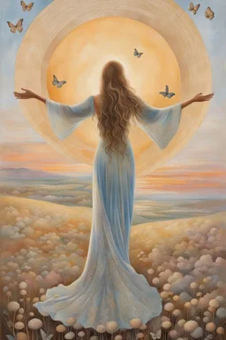 back view of a woman in a long dress with straps, long hair, arms outstretched, welcoming the rising sun, beautiful painting, textures, pastel colors, vintage, pale sky, rising sun, light globes, butterflies, gratitude, stunning image