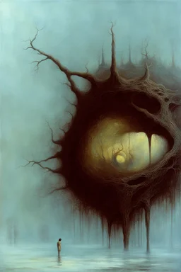 "What Creeps in the Shadows" is a Heavily Glazed Oil paining that depicts otherworldly Celestial Art; Dystopian Surrealism; Zdzislaw Beksinski ; elegant; fantasy; award-winning