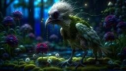 An evil, alluring, albino swamp harpy with moss and tiny, crimson flowers growing on her, at night. The art style of The Walking Dead Show, horror Gustave Doré and Greg Rutkowski. wet, 4k, long shot, sharp focus. Hyperrealistic, splash art, concept art, intricately detailed, color depth, dramatic, 2/3 face angle, side light, colorful background,