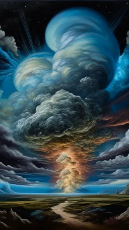 Back in time through a Time Machine in the parallel universe among the galaxies and the stars a big clouds of gas covering the sky from a distance Busch painting style nightmare