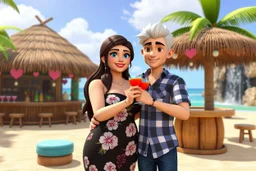 3D video game characters, a brown-haired blue-eyed plus sized woman in a black dress with white and pink flowers hugging a short silver haired thin man with brown eyes, wearing blue-white-black checkered shirt and jeans at the beach in sunshine, tiki bar, cocktails, hearts, waterfall, happiness