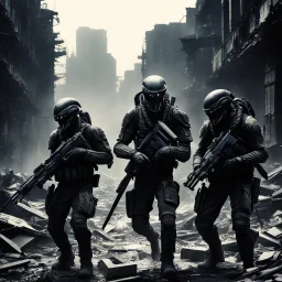 a bloody xenomorph [vintage style noisy scratches glitches, Shot the texture and then rewound the film and double exposed] In the midst of the destroyed city, the two US Marine soldiers move with precision in tight formation across the ruins, while the alien xenomorphs lurk in the darkness. Their eyes scanning the shadows as they sought to avoid being surprised by the deadly foes that could strike at any moment.