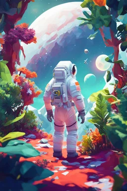 (((close midshot))), (((low poly art:2))), (astronaut), ultra detailed illustration of an environment on a dangerous:1.2 exotic planet with plants and wild (animals:1.5), (vast open world), astroneer inspired, highest quality, no lines, no outlines candid photography. by Lekrot