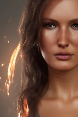 camilla luddington face, lara croft clothes, portrait busty and face, light effects, particles, explosion fire,