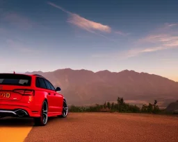 Driving red Audi RS6 on warm mountain road with sunset Epic Professional photography atmospheric