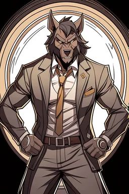 Buff, anthro, wolf, himbo, black fur, gold eyes, wearing a suit, full-body, muscles, strong, muscular, man boobs, bulky, tail, dark fur, smug grin, hands on hips,