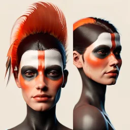 A beautiful portrait of a cute cyborg woman orange color scheme, high key lighting, volumetric light high details with white stripes and feathers and indian paterns and wimgs