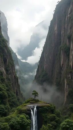 A trail between two mountains peaks in the Amazon side view , , below is a huge wood top view , foggy, misty , adventures, a beautiful waterfall at the end of the picture