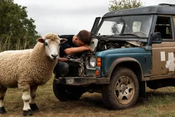 a portrait of a broken head mechanic, kissing a hybrid mixed body part sheep, fixing (far away old land rover 4x4 discovery 2) in the countryside