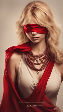 A blonde girl is blindfolded with a red cloth, with a necklace bearing the letter M around her neck. Cinematic picture