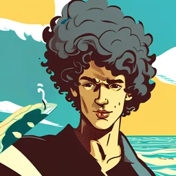 curly hair boy surfing with a cigarette in hist mouth, cartoonized, wide shot